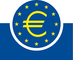 Logo der Europäischen Zentralbank :: Eine blaue Scheibe mit goldenem Euro-Zeichen umgeben von goldenen Sternen sitzt in einem viereckigen Fundament eingebettet.