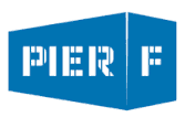 Logo Pier F :: Blauer Schiffskontainer mit dem Wort Pier auf der Längsseite und dem Buchstaben F auf der kurzen Seite.