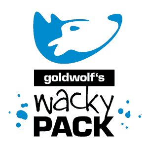 Logo Goldwolf/Wacky Pack :: Logo Goldwolf/Wacky Pack besteht aus schwarzer Schrift und einem stilisierten Wolfskopf im Seitenprofil in Blau.