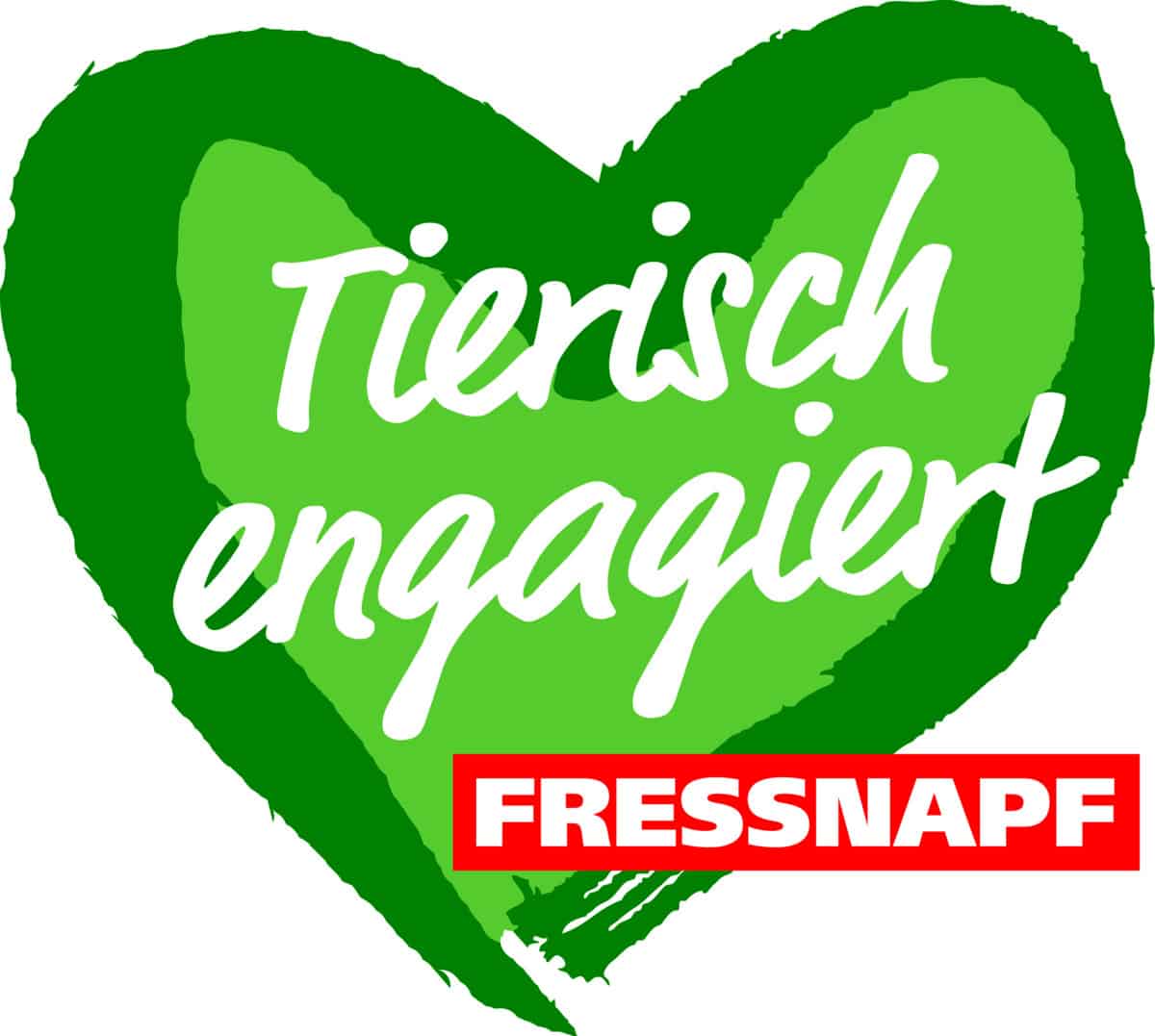 Logo Tierisch Engagiert by Fressnapf Germany :: On green heart the words Tierisch Engagiert. Bottom right in red box the word Fressnapf.