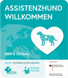 Türaufkleber "Assistenzhund Willkommen" markiert assistenzhundfreundliche Orte