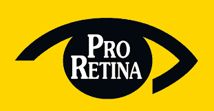Logo Pro-Retina :: Auf goldgelbem Hintergrund ein stilisiertes schwarzes Auge mit den Worten Pro Retina in der Iris.