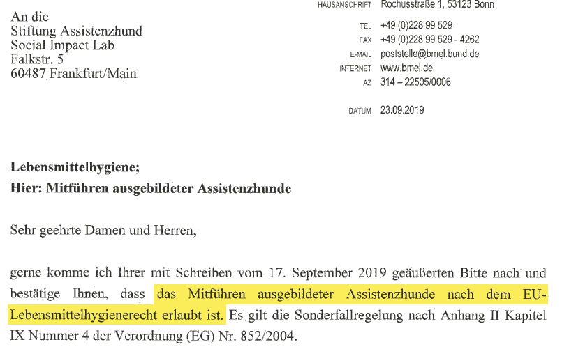 Brief Referat Lebensmittelhygiene, Bundesministerium für Ernährung und Landwirtschaft :: Ein Ausschnitt eines Briefes vom Referat Lebensmittelhygiene, Bundesministerium für Ernährung und Landwirtschaft. Hervorgehoben die Aussage, das 