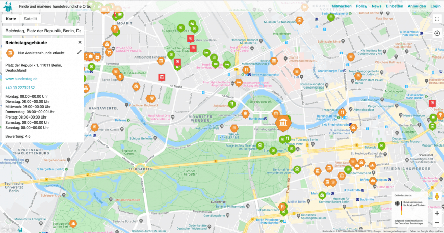 Die Karte des Berliner Zentrums mit verschiedensten Orten in grün, orange und rot markiert.