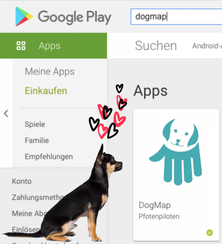 Screenshot aus dem Google Play Store zeigt die DogMap App der Pfotenpiloten. Links davon wird sie von einem sitzenden Schäferhund bewundert, während ihr rote und schwarze Herzchen zufliegen.