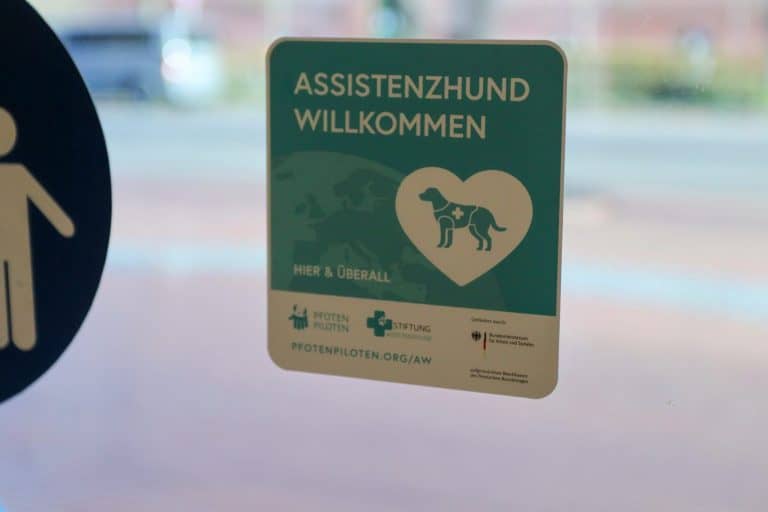 Aufkleber der Zutrittskampagne "Assistenzhund Willkommen" auf einer Glastür.