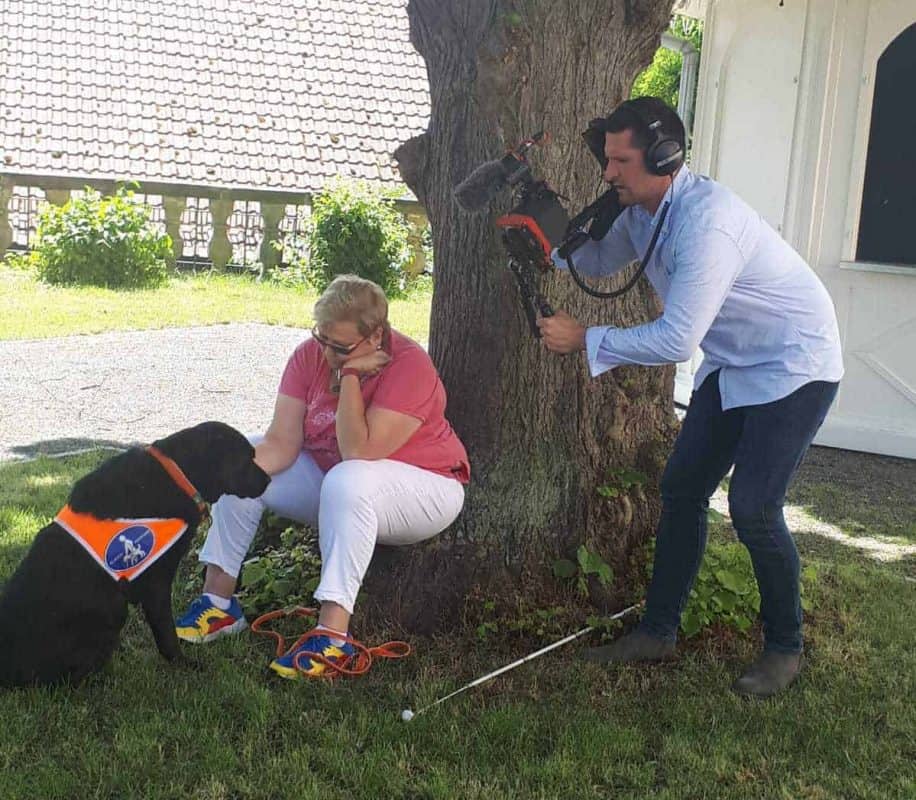 Filmemacher filmt Ruhepause eines Blindenführhund-Teams