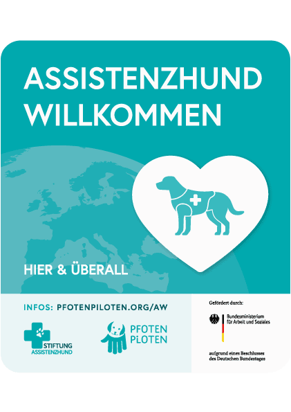 "Assistance Dogs Welcome" sticker from Pfotenpiloten