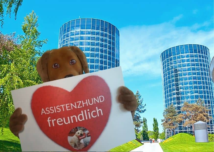 Maskottchen Benji mit Schild "Assistenzhund freundlich" steht vor Wolfsburg.