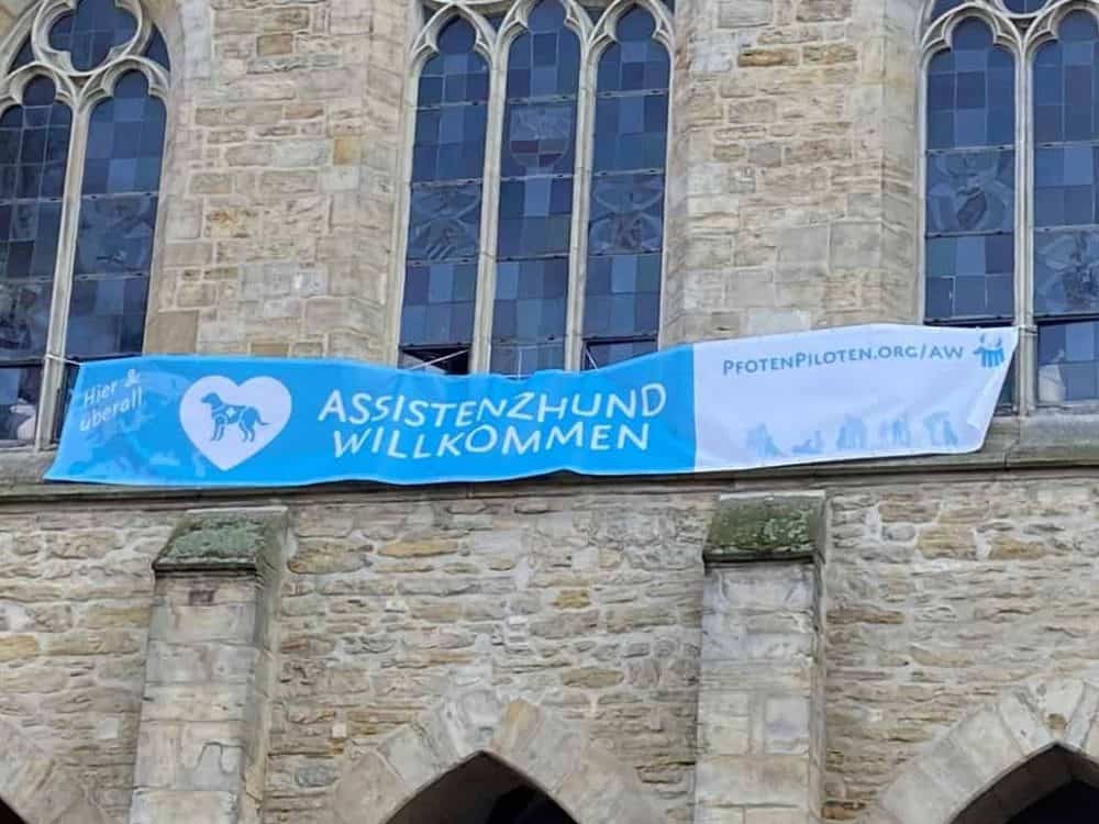 In luftiger Höhe ist das überdimensionierte Banner der Zutrittskampagne am Rathaus angebracht.