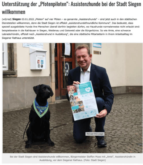 Zeitungsartikel von Wir Siegen inklusiv Foto von Bürgermeister Steffen Mues mit "Amie", Assistenzhündin in ausbildung mit Pfotenpiloten Poster in Hand.