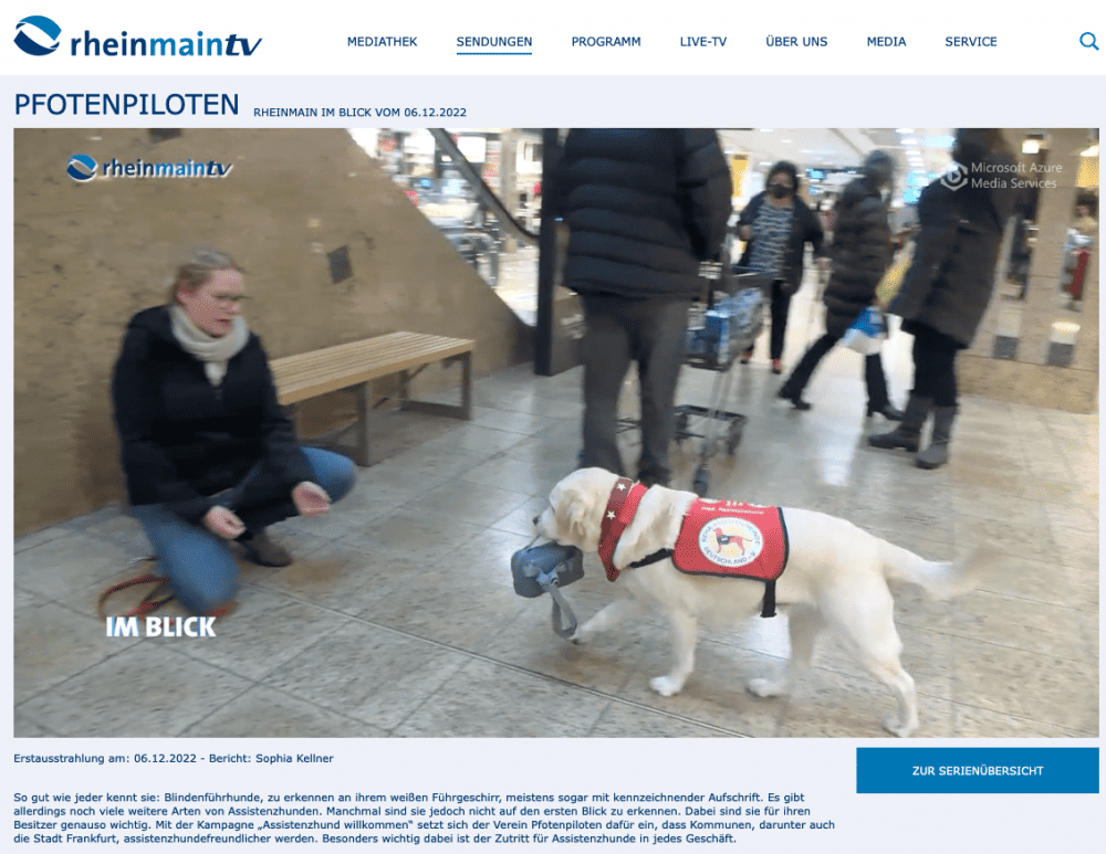Screenshot von RheinMainTV zeigt einen hellen Labrador mit roter Kenndecke, der im Einkaufszentrum eine Medikamententasche zur knienden Halterin bringt.