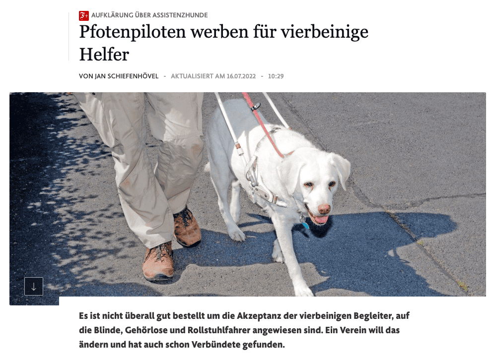 Screenshot von der Website der FAZ. "Pfotenpiloten werben für vierbeinige Helfer" - Aufklärung über Assistenzhunde. Auf einem Bild sieht man einen weißen Blindenführhund (Labrador), der mit eifriger Miene seinen Halter führt, von dem man nur die Beine sieht.