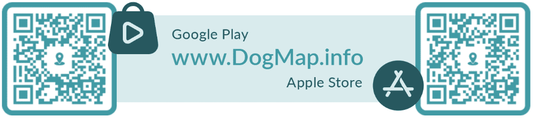 QR-Codes für DogMap App im Google Play and Apple Appstore, zusammen mit der URL: DogMap.info