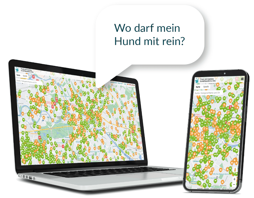 DogMap - wo darf mein Hund mit rein? Laptop und Smartphone mit Dogmap geladen.