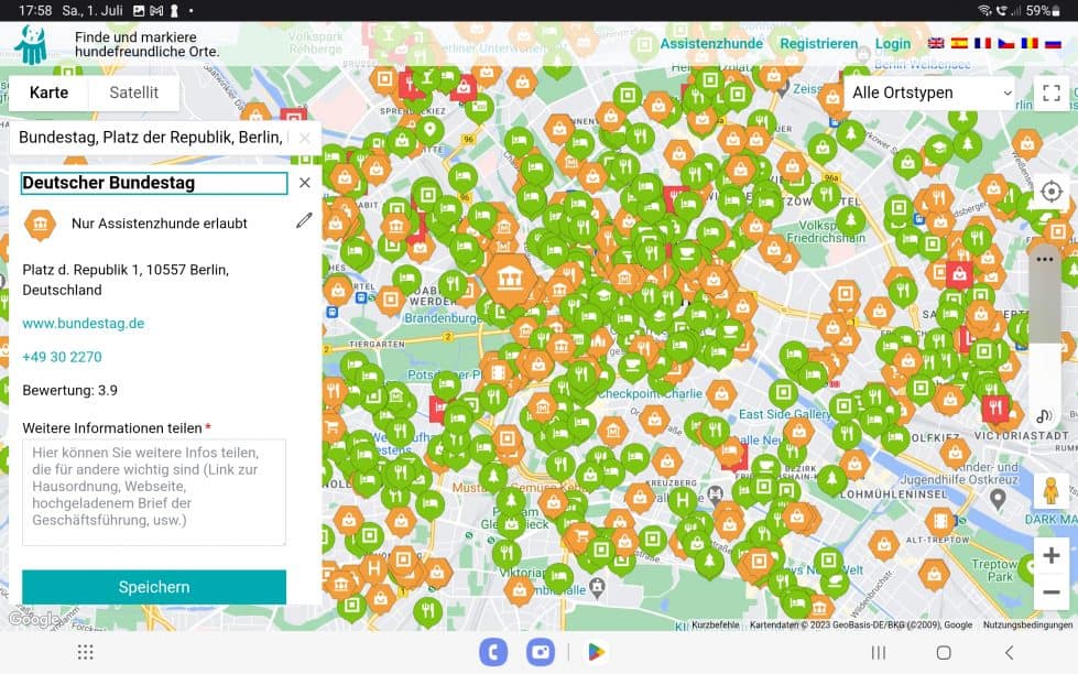 Screenshot of the DogMap - you can see many markers and the info panel of the Bundestag in Berlin